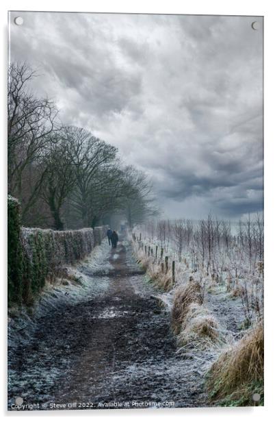 Ramblers Walking Along a Long Muddy Path on a Misty Winter Morning. Acrylic by Steve Gill