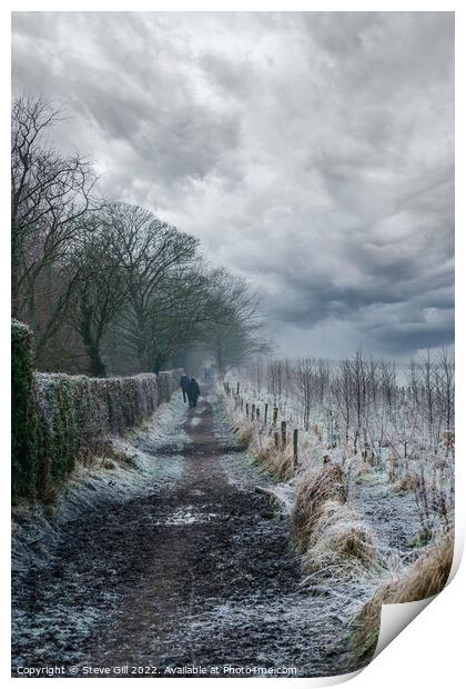 Ramblers Walking Along a Long Muddy Path on a Misty Winter Morning. Print by Steve Gill