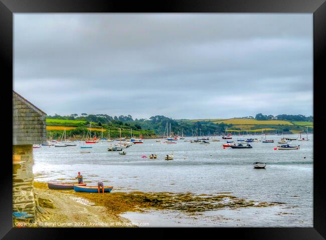 Serene Helford River Boats Framed Print by Beryl Curran