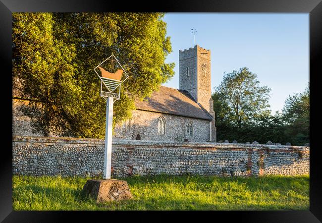 Dunwich village sign in front of the church Framed Print by Jason Wells