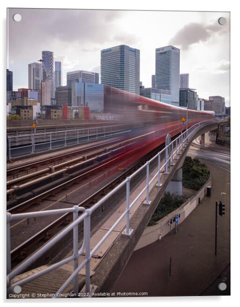DLR arriving in front of Canary Wharf Acrylic by Stephen Coughlan