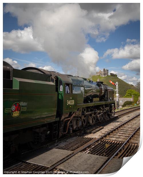 Steam Train at Corfe Castle Print by Stephen Coughlan