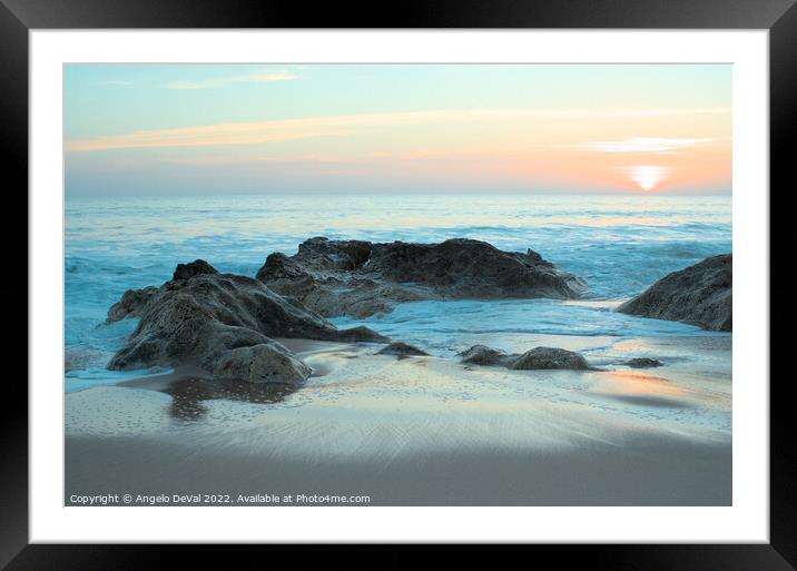 Waves, rocks and sunset in Salgados Framed Mounted Print by Angelo DeVal