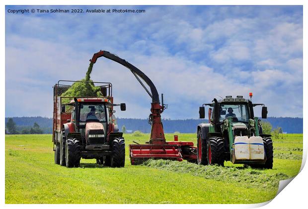 Two Tractors Harvesting Grass for Cattle Feed Print by Taina Sohlman