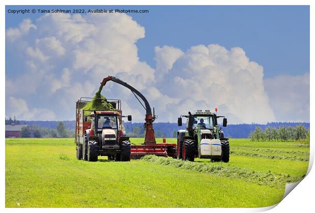 Tractors Harvesting Grass with Forage Harvester  Print by Taina Sohlman