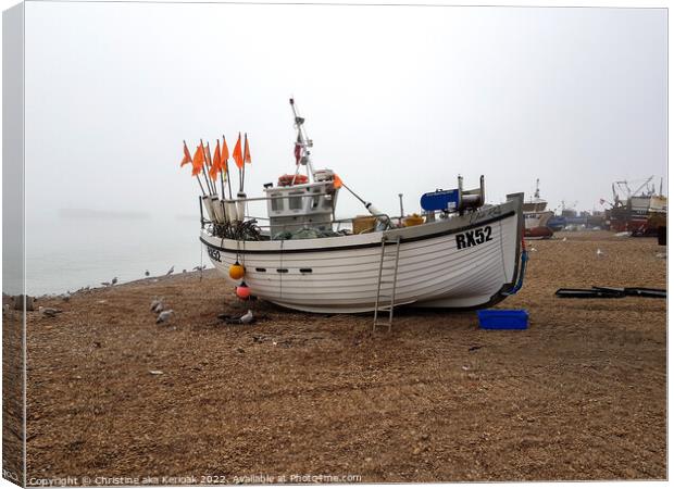 White Boat on Misty Beach, Old Town, Hastings Canvas Print by Christine Kerioak