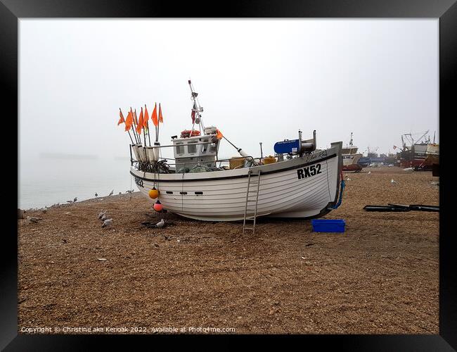 White Boat on Misty Beach, Old Town, Hastings Framed Print by Christine Kerioak
