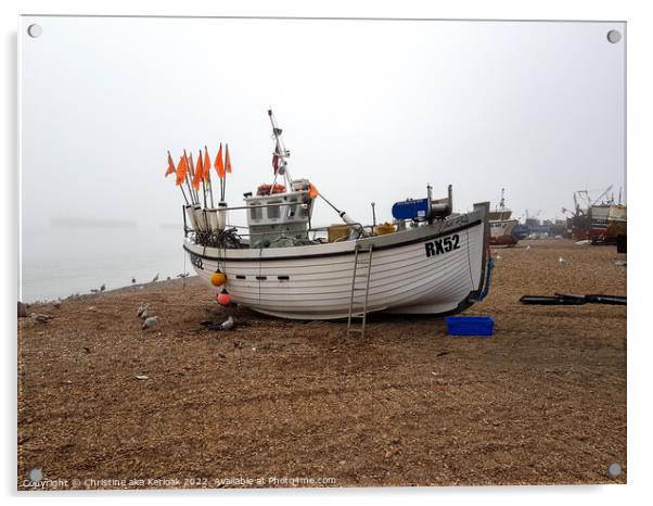 White Boat on Misty Beach, Old Town, Hastings Acrylic by Christine Kerioak