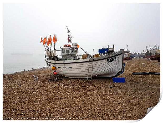 White Boat on Misty Beach, Old Town, Hastings Print by Christine Kerioak