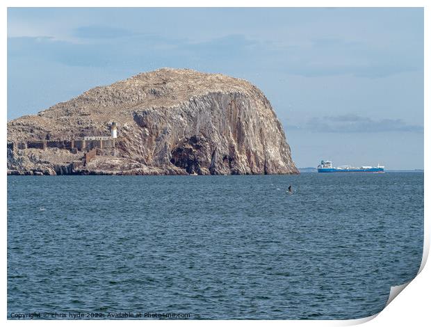 Bass Rock Lighthouse with tanker passing Print by chris hyde
