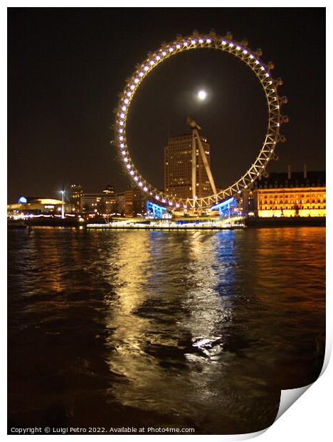 Night shot of the London Eye, London, UK. Print by Luigi Petro