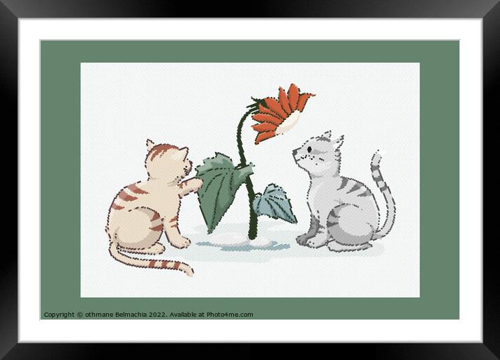 Cute domestic kittens are playing with a flower, Halftones effects cartoon Framed Mounted Print by othmane Belmachia