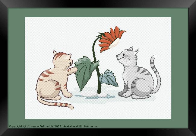 Cute domestic kittens are playing with a flower, Halftones effects cartoon Framed Print by othmane Belmachia