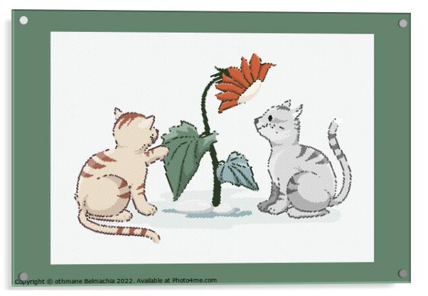 Cute domestic kittens are playing with a flower, Halftones effects cartoon Acrylic by othmane Belmachia