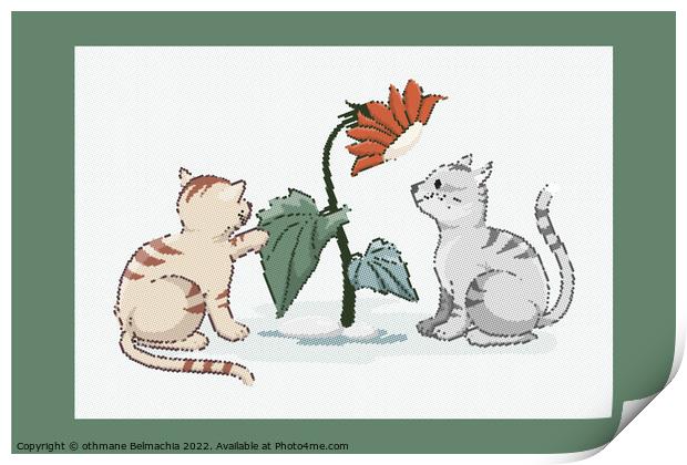 Cute domestic kittens are playing with a flower, Halftones effects cartoon Print by othmane Belmachia