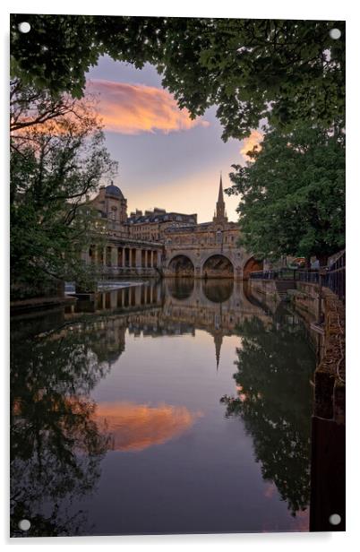 Pink Clouds reflected in the River Avon at Pulteney Bridge Bath Acrylic by Duncan Savidge