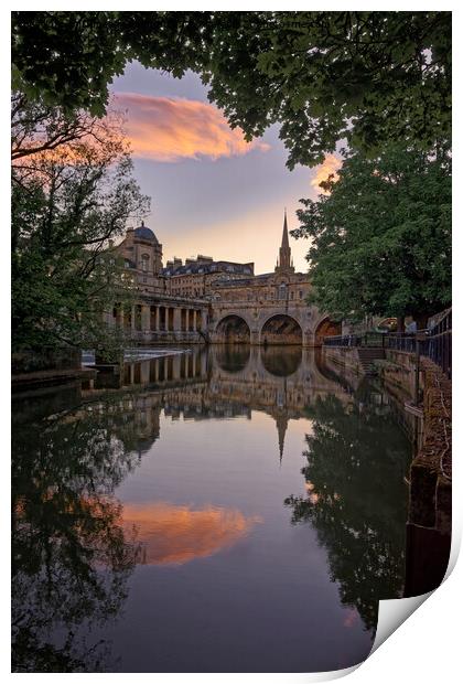 Pink Clouds reflected in the River Avon at Pulteney Bridge Bath Print by Duncan Savidge