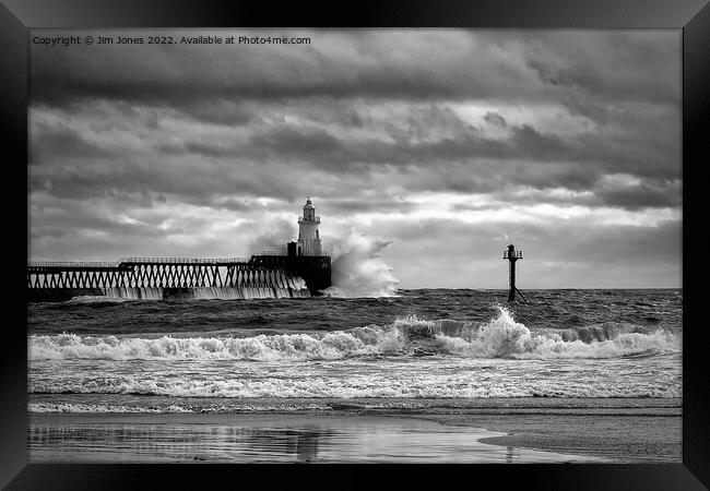 Storm at the mouth of the River Blyth - Monochrome Framed Print by Jim Jones