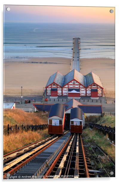Saltburn Chair Lift at sunrise  Acrylic by Andrew Ray