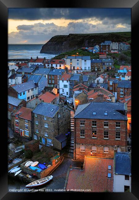Staithes during twilight  Framed Print by Andrew Ray
