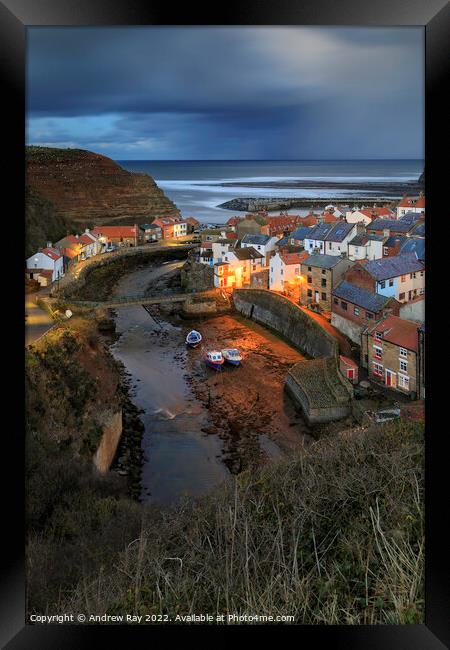 Stormy twilight (Staithes) Framed Print by Andrew Ray