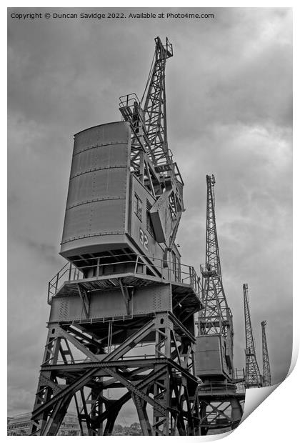 Bristol docks cranes HDR black and white Print by Duncan Savidge