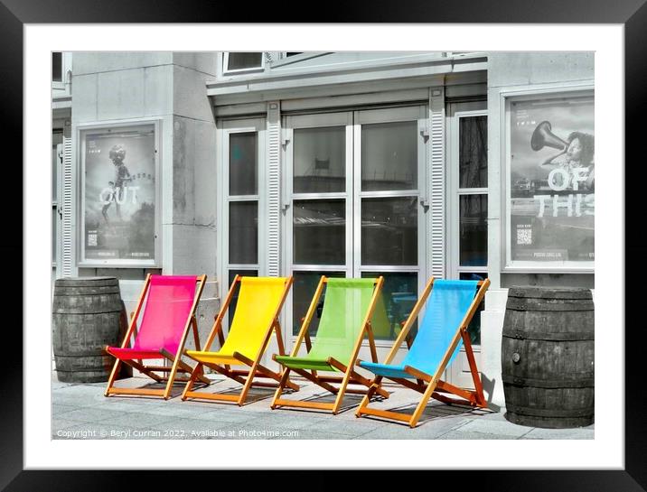 Vibrant Beachside Seating Framed Mounted Print by Beryl Curran