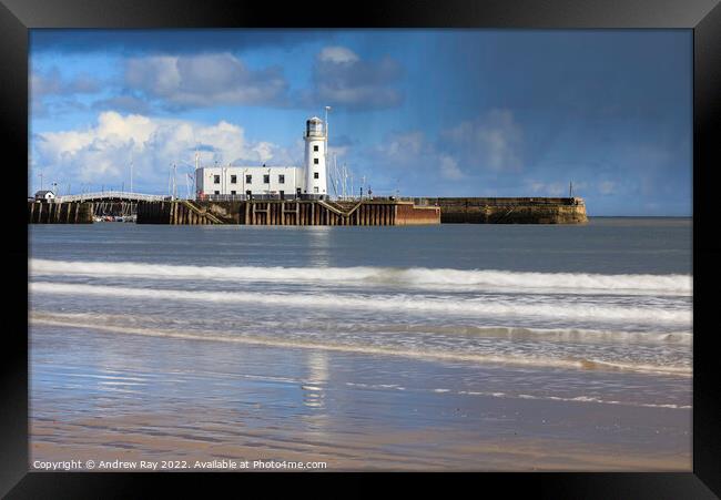 Beach view (Scarborough Lighthouse)  Framed Print by Andrew Ray