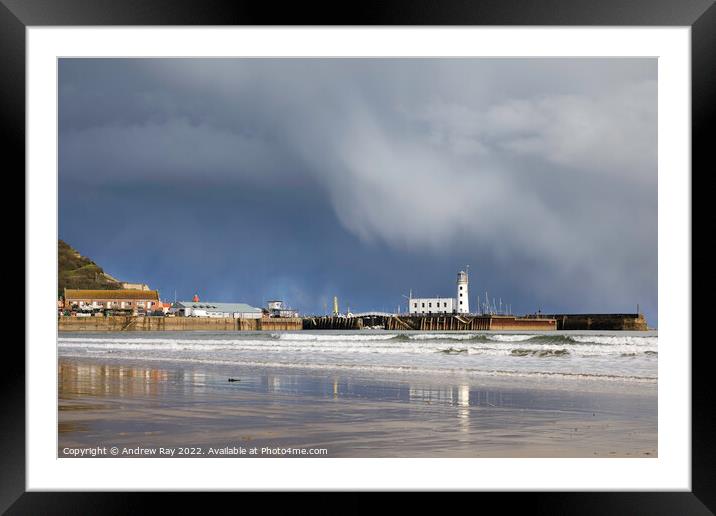 Storm clouds over Scarborough Lighthouse Framed Mounted Print by Andrew Ray
