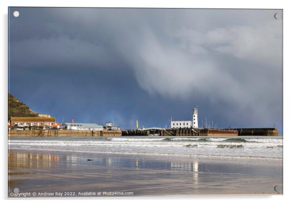 Storm clouds over Scarborough Lighthouse Acrylic by Andrew Ray