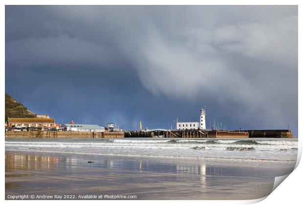 Storm clouds over Scarborough Lighthouse Print by Andrew Ray