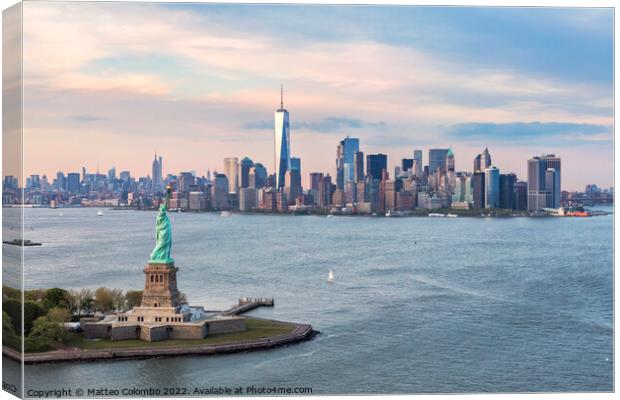 Aerial of the Statue of Liberty and Manhattan skyline, New York, Canvas Print by Matteo Colombo