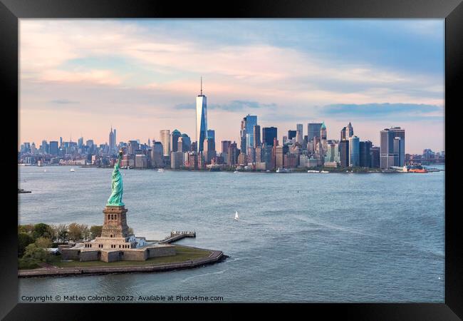 Aerial of the Statue of Liberty and Manhattan skyline, New York, Framed Print by Matteo Colombo