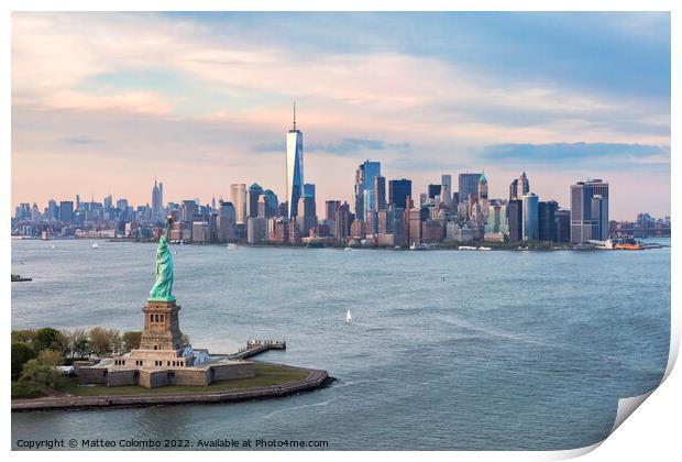 Aerial of the Statue of Liberty and Manhattan skyline, New York, Print by Matteo Colombo
