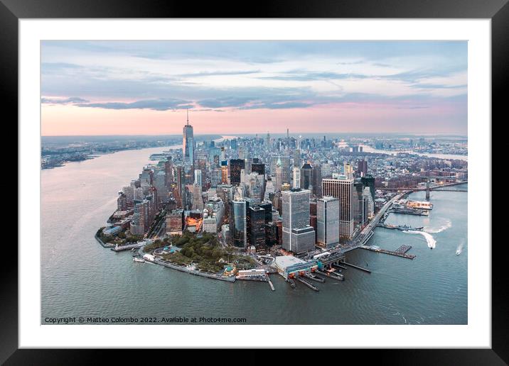 Aerial of lower Manhattan peninsula at sunset, New York, USA Framed Mounted Print by Matteo Colombo