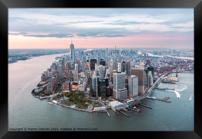 Aerial of lower Manhattan peninsula at sunset, New York, USA Framed Print by Matteo Colombo
