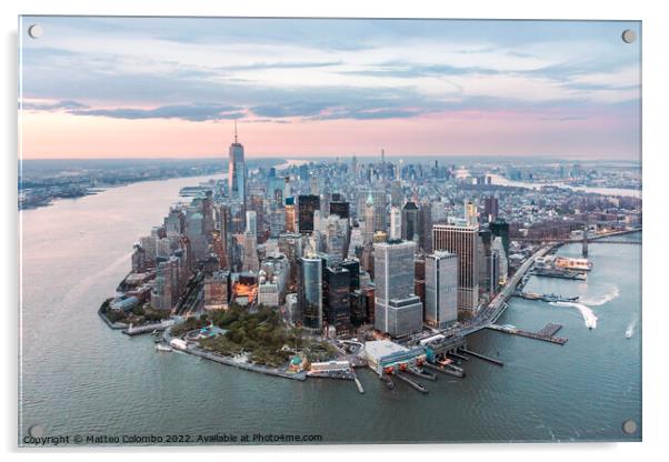 Aerial of lower Manhattan peninsula at sunset, New York, USA Acrylic by Matteo Colombo