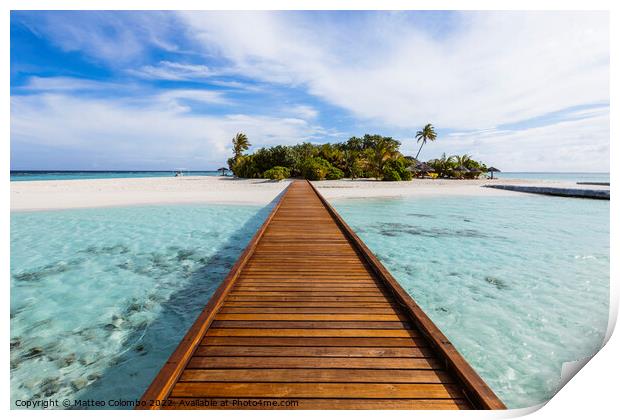 Wooden jetty to a tropical island, Maldives Print by Matteo Colombo
