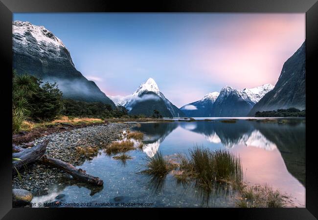 Iconic view of Milford Sound at sunrise, New Zealand Framed Print by Matteo Colombo