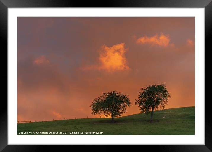 Orange sky at sunset in black forest. Framed Mounted Print by Christian Decout