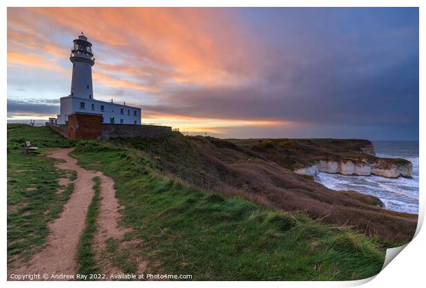 Sunset over Flamborough Head Lighthouse Print by Andrew Ray