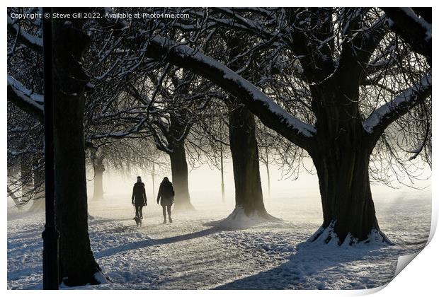 Two Women Walking a Dog on a Snowy Morning in the  Print by Steve Gill