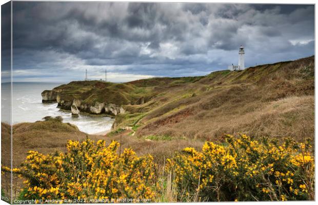 Storm clouds over Flamborough Head Lighthouse Canvas Print by Andrew Ray