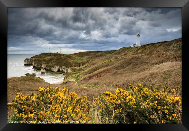 Storm clouds over Flamborough Head Lighthouse Framed Print by Andrew Ray