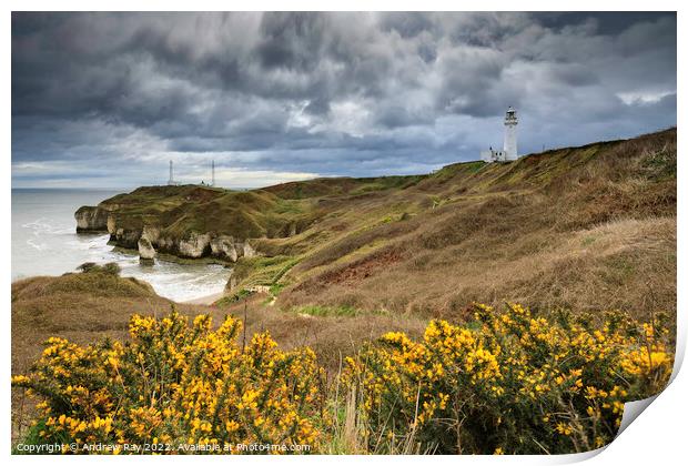Storm clouds over Flamborough Head Lighthouse Print by Andrew Ray