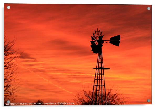 Kansas Sunset with red sky and a Windmill silhouet Acrylic by Robert Brozek