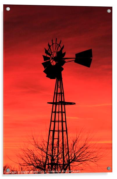 Kansas Sunset with a red Sky and Windmill silhouet Acrylic by Robert Brozek