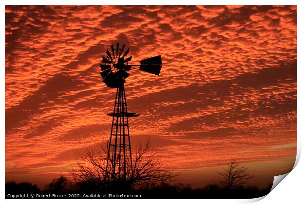 Kansas Sunset with a colorful sky and Windmill  Print by Robert Brozek