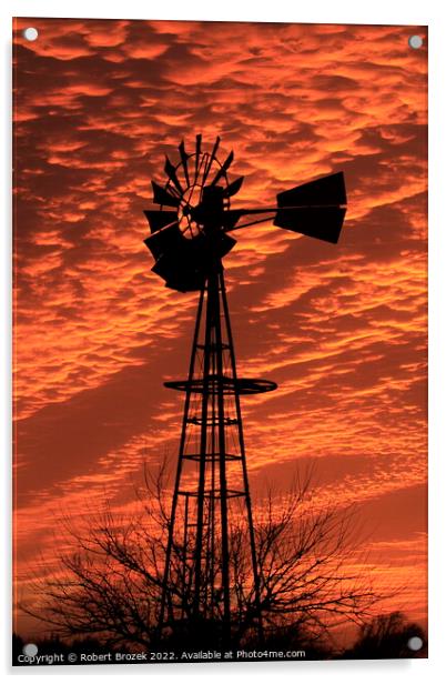 Kansas Sunset with a colorful Sky with a Windmill  Acrylic by Robert Brozek