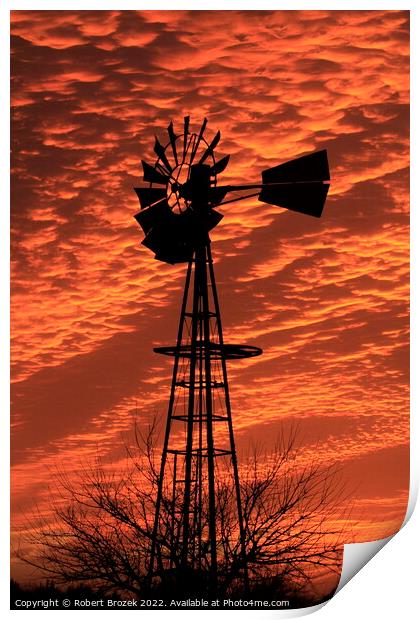Kansas Sunset with a colorful Sky with a Windmill  Print by Robert Brozek